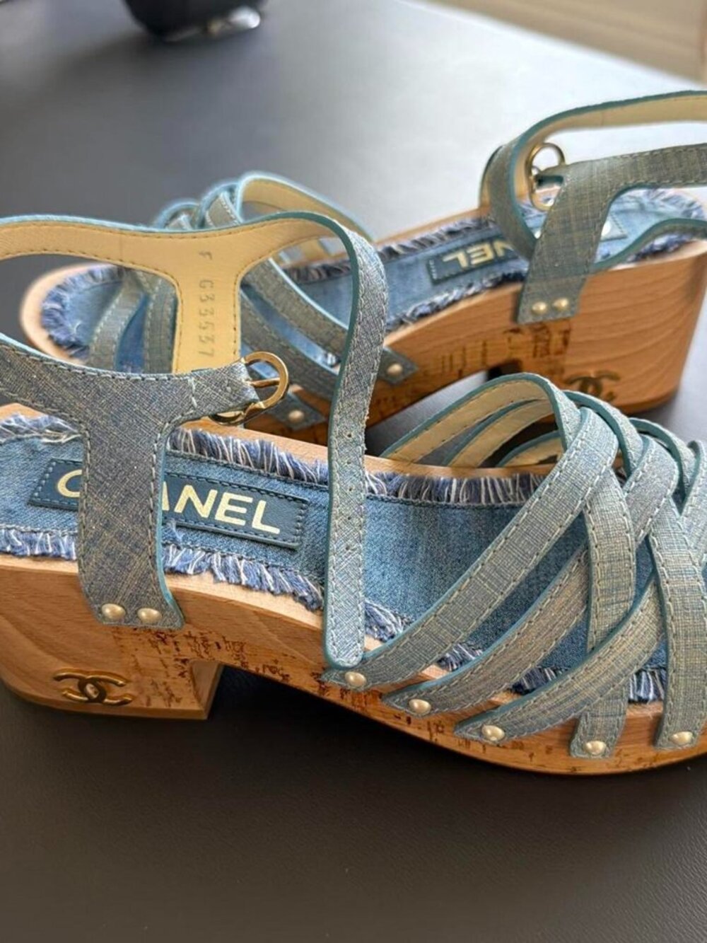 Chanel Denim Pearl Cork Wedge Sandals – Size 38 Priced to Sell! No offers
